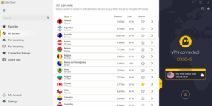 Zoznam všetkých dostupných VPN serverov CyberGhost s možnosťou označenia obľúbených, radených podľa jednotlivých krajín